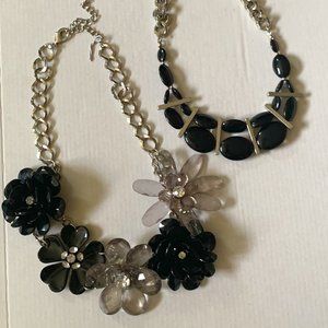 Bundle of 2 Black and Silver-tone Statement Necklaces Chunky Flowers, Beads